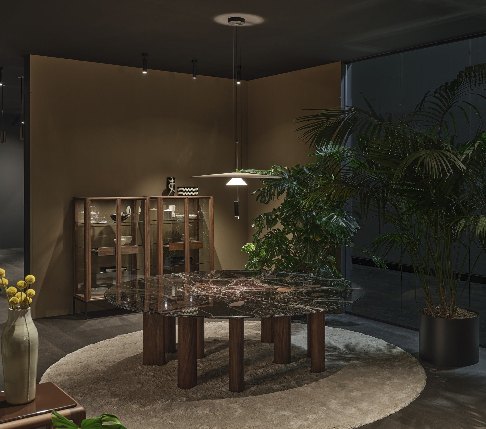 OSWOOD table in red levanto marble and solid canaletto walnut, design by Patrick Jouin